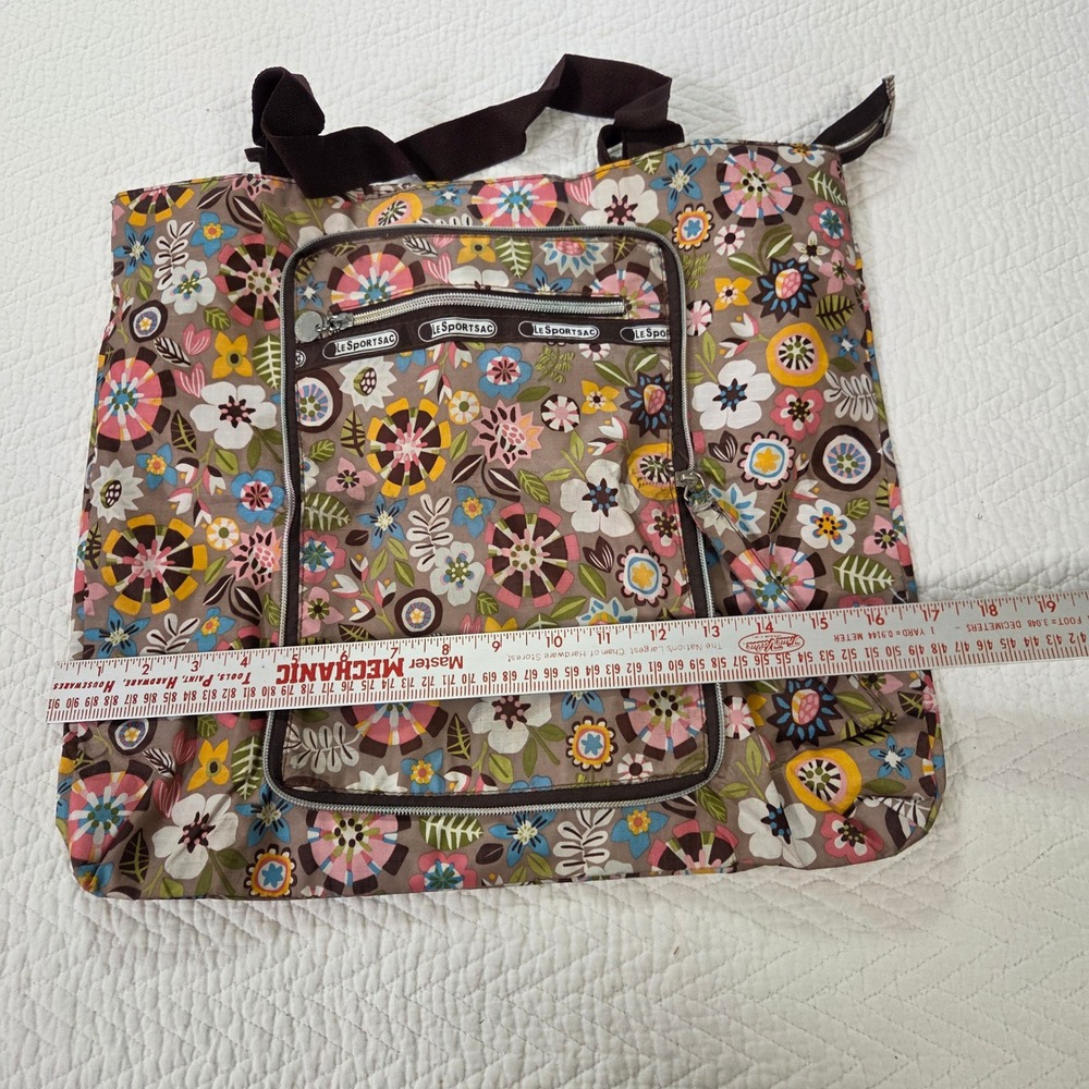 LeSportsac Floral Ripstop Nylon Tote Bag Brown Multicolor Packable Zippered - Picture 6 of 6